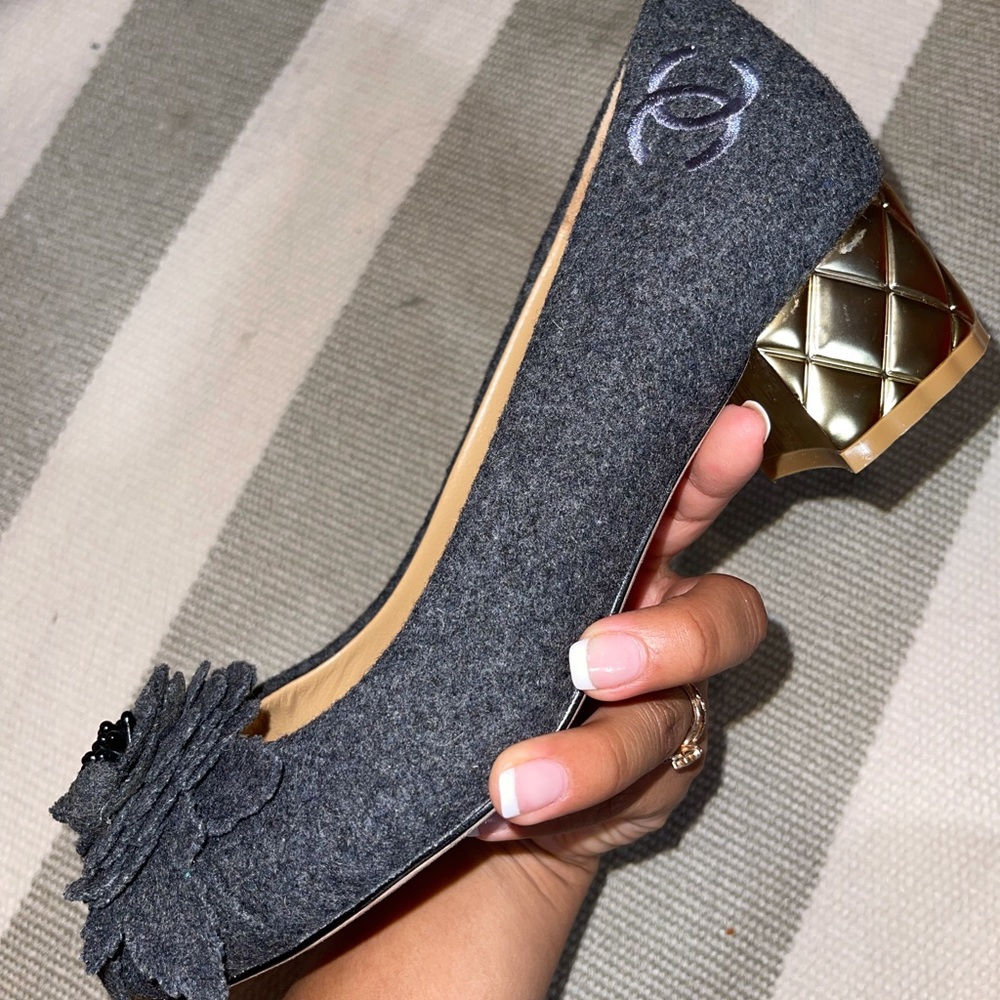 Chanel Camellia Cap Toe Quilted Block Heel